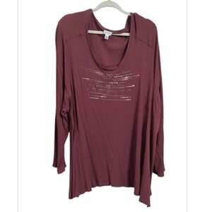 Avenue Maroon Long Sleeve Tee with Embellishments